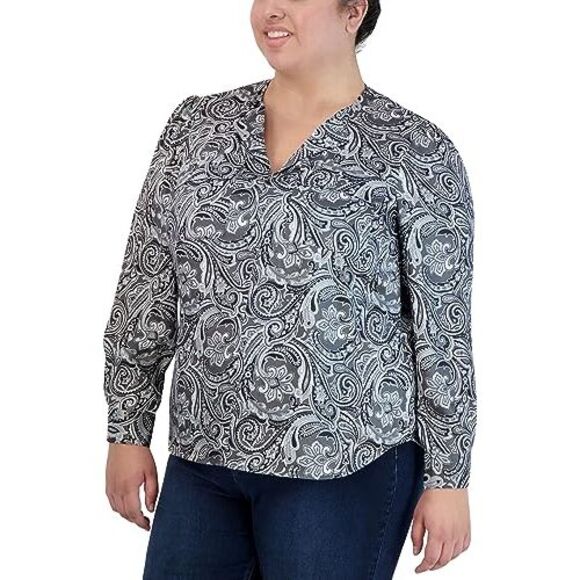 Jones New York Plus Size Satin Paisley Print Utility Blouse - Picture 2 of 3